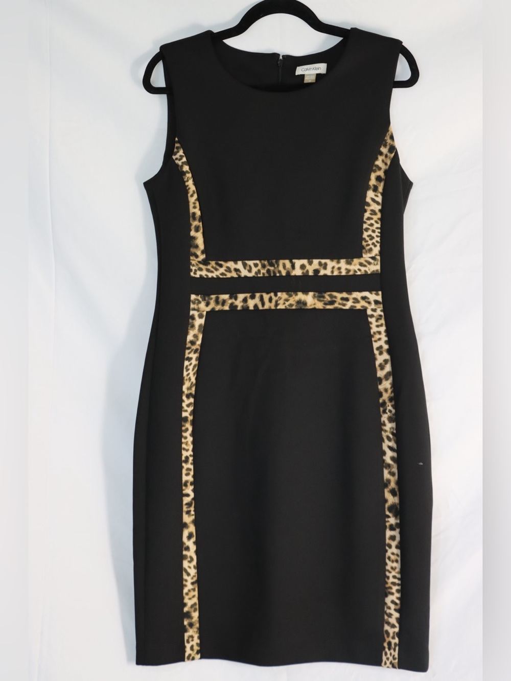Calvin Klein Black Midi Dress with Leopard-Print Trim